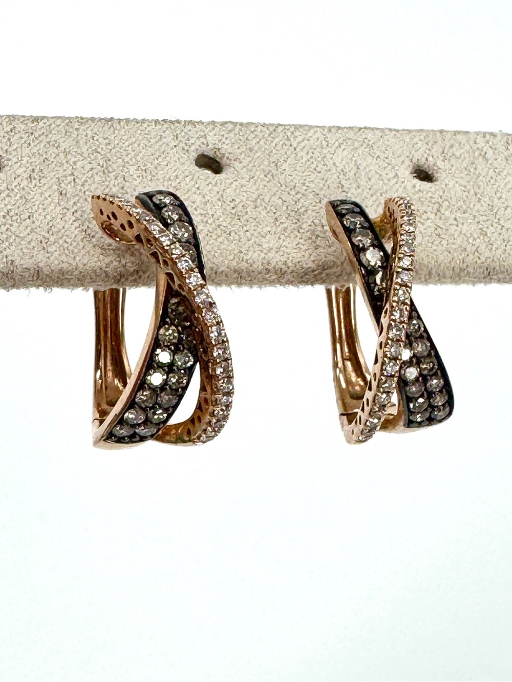 Vintage Levian Rose 14k Gold Crossover Hoop Earrings Champagne, White diamonds